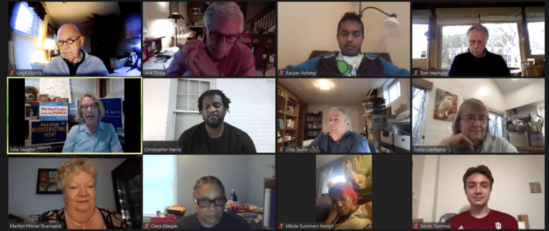 Members of the Indiana Citizens Redistricting Commission hold a virtual public hearing for the Second Congressional District on March 30, one of 10 public hearings the commission held earlier this year to gather recommendations for the report released Wednesday.
