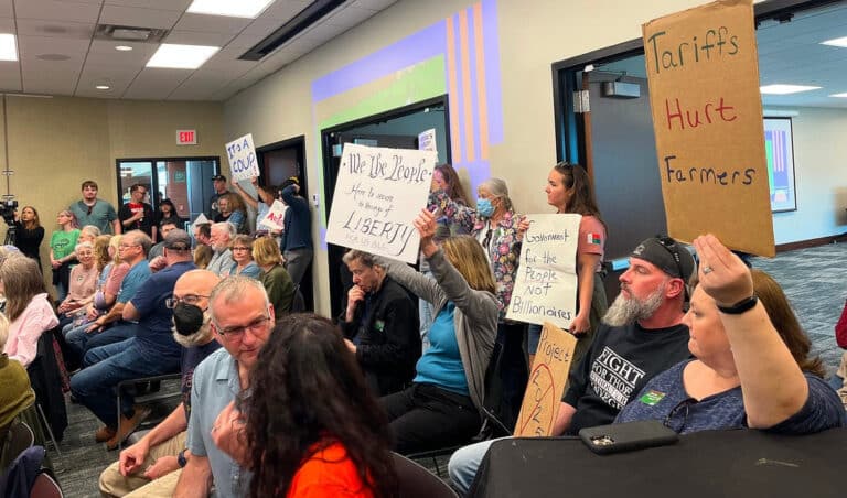 Like many members of Congress, Rep. Jim Baird, a Republican, skipped a town hall meeting Sunday in Lafayette, but his constituents showed up anyway and voices their concerns about the Trump administration. (Photo/Dave Bangert of Based in Lafayette)