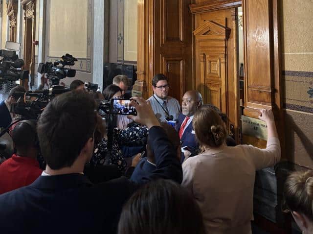 Rep. Gregory W. Porter, D-Indianapolis, addresses the press regarding the revised state budget Wednesday at the Indiana Statehouse. (Photo/Erin Bruce of TheStatehouseFile.com)