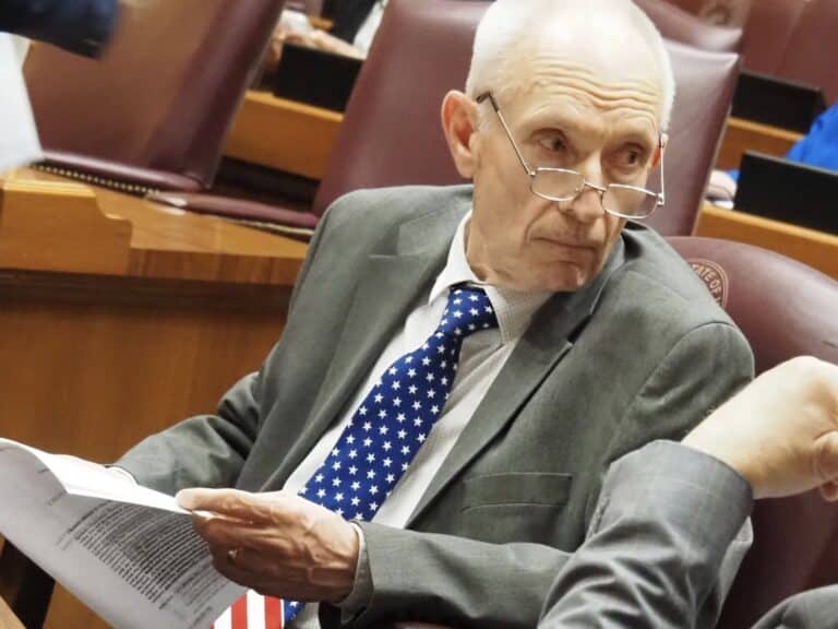 Rep. Jeff Thompson, R-Lizton – the architect of the House budget – prepares to present the spending plan to the House on April 24, 2025. (Photo/Leslie Bonilla Muñiz of Indiana Capital Chronicle)