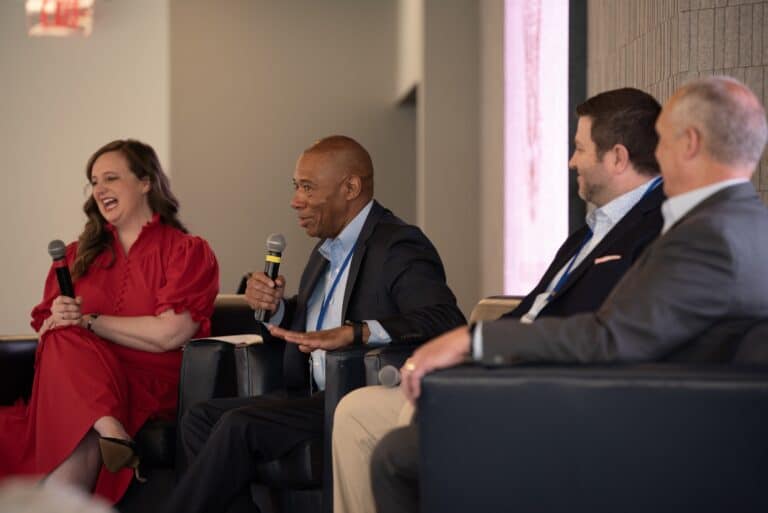 As part of the Benjamin Harrison Presidential Site’s 2025 “Off the Record: Within Arm’s Reach” panel discussion, Dana Pittard, former military aide to President Bill Clinton (second from left), shared a story from his days working in the White House. Also recounting their experiences were panelists Roger Goodes, retired U.S. Secret Service agent (right) and Tom McNulty, former executive chef to three vice presidents (second from right). Andrea Richter-Garry, who worked for President Barack Obama, moderated the discussion. (Photo/courtesy of the Benjamin Harrison Presidential Site)