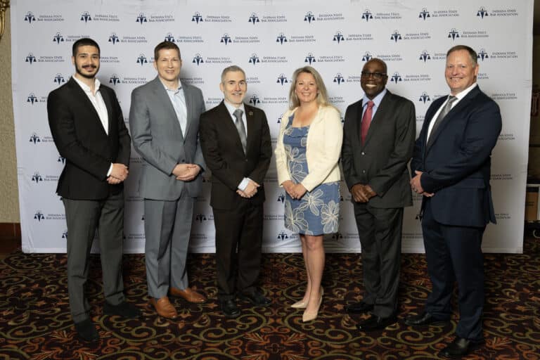Martin Pritikin, dean of the Purdue Global Law School, third from the left, appears with the five Purdue Global graduates who were admitted to the Indiana bar in May. From the left: Joud Elias, Daniel Stahoviak, Abby Strehle, Lindley Jarrett and Jeff Kraft. (Photo/John Underwood for Purdue Global)