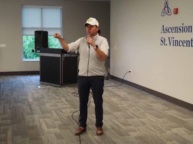 Indiana Lt. Gov. Micah Beckwith answers questions during his May 27, 2025, town hall in Zionsville. (Photo/Niki Kelly of the Indiana Capital Chronicle)