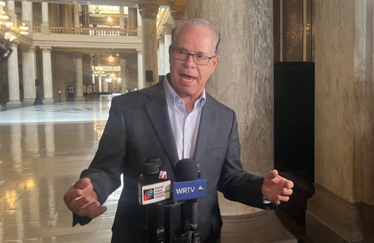 Gov. Mike Braun speaks to reporters on June 19, 2025 from the Indiana Statehouse. (Photo/Whitney Downard of the Indiana Capital Chronicle)