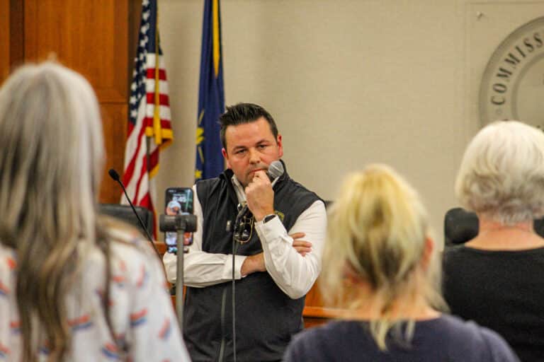 Indiana Lt. Gov. Micah Beckwith listened as constituents at a recent town hall in Greenfield asked him questions and challenged his social media posts. (Photo/Sydney Byerly)