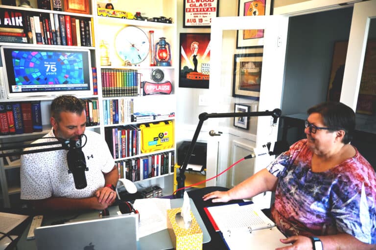 Joe Ulery (left) and his former eighth grade teacher, Bobbi Fisher, record another episode of their educational podcast, “Plain Civics.” (Photo/Courtesy of Joe Ulery)