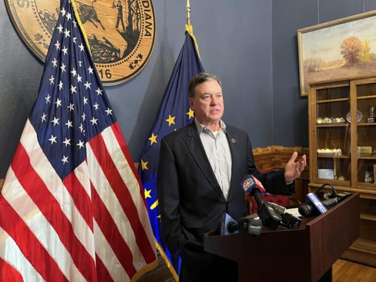 Indiana Attorney General Todd Rokita speaks to the media on Friday, March 21, 2025, at his office in Indianapolis. (Photo/Niki Kelly of the Indiana Capital Chronicle)