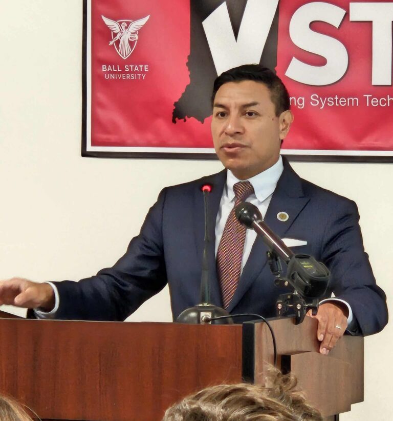 Indiana Secretary of State Diego Morales spoke Friday during a public meeting on the state’s election law in Muncie. (Photo/Marilyn Odendahl) 