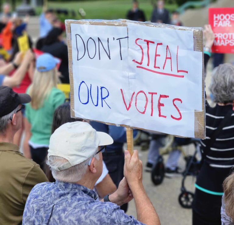 Hoosiers gather at the Statehouse to protest the push to redraw Indiana’s congressional districts this year. (Photo/Marilyn Odendahl)