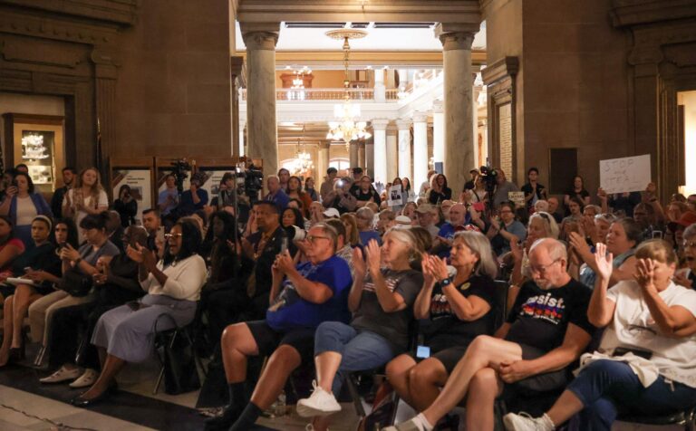 Hoosiers gathered at the Statehouse on Thursday to protest the visit by Vice President JD Vance and the potential for GOP lawmakers to redraw Indiana’s congressional maps this year. (Photo/Courtesy of Indiana House Democrats)
