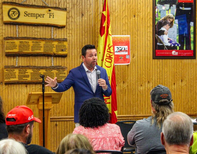 Lt. Gov. Micah Beckwith fielded several questions about redistricting during a town hall in Merrillville on Tuesday. (Photo/Sydney Byerly)