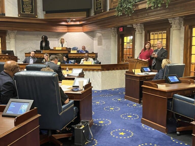 Members of the Indiana Collectors Association address the topic of medical debt in the Indiana Senate on Aug 18, 2025. (Photo/Niki Kelly of the Indiana Capital Chronicle)