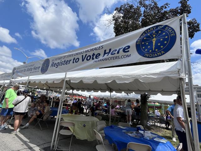 Indiana Secretary of State Diego Morales’ tent at the Indiana State Fair gave fairgoers the opportunity to register to vote or check their registration status. (Photo/Anna Cecil of TheStatehouseFile.com)