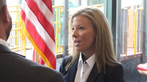 Indiana’s new Office of School Safety director, Julie Q. Smith, speaks after her appointment was announced Tuesday, Aug. 12, 2025, at Hornet Park Early Childhood Center in Beech Grove. (Photo/Eric Weddle of WFYI)