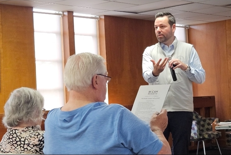 Indiana Lt. Gov. Micah Beckwith leads a discussion Saturday in Fort Wayne about civics and the Bible. (Photo/Dan Spalding of News Now Warsaw)