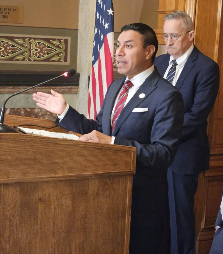 Indiana Secretary of State Diego Morales, pictured with his office’s general counsel Jerold Bonnet, said the state’s controversial proof-of-citizenship voting laws are working. (Photo/Marilyn Odendahl)