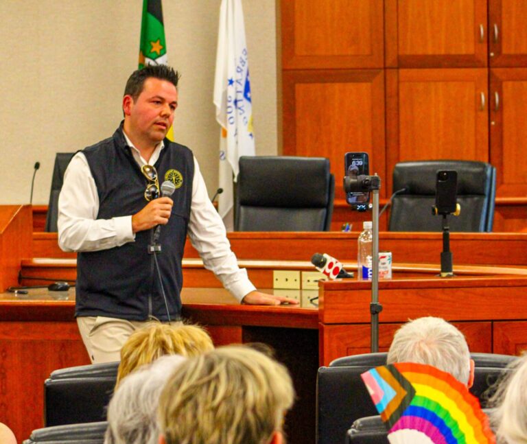 Indiana Lt. Gov. Micah Beckwith listened as constituents at a June town hall in Greenfield asked him questions and addressed his Pride month post warning parents that “a rainbow beast” was coming for their children. (Photo/Sydney Byerly)