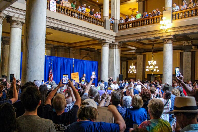 Pete Buttigieg, former U.S. transportation secretary and mayor of South Bend, fired up the crowd at the Rally Against Gerrymandering on Thursday at the Statehouse. (Photo/Sydney Byerly)