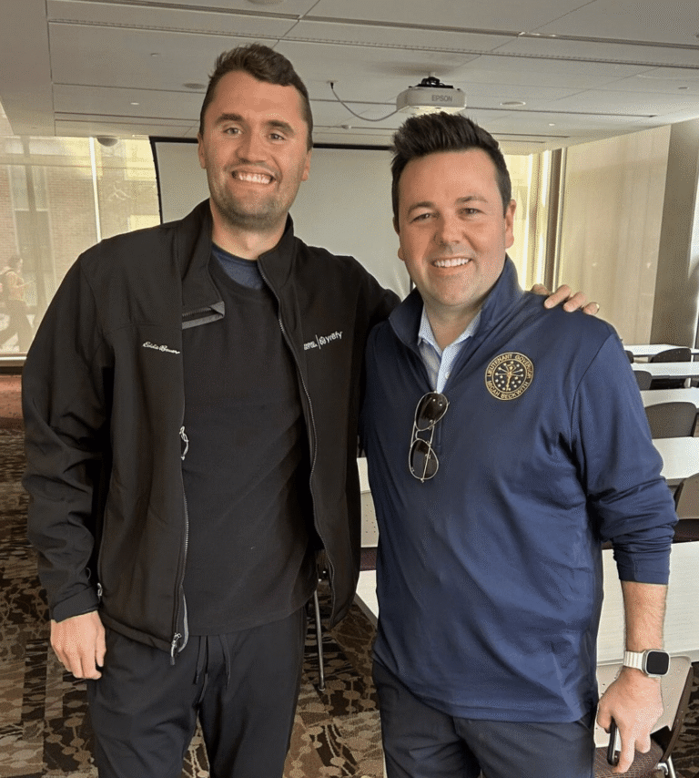 Charlie Kirk, conservative influencer and co-founder of Turning Point USA, poses beside Lt. Gov. Micah Beckwith at Purdue University in April. (Photo/Screenshot)