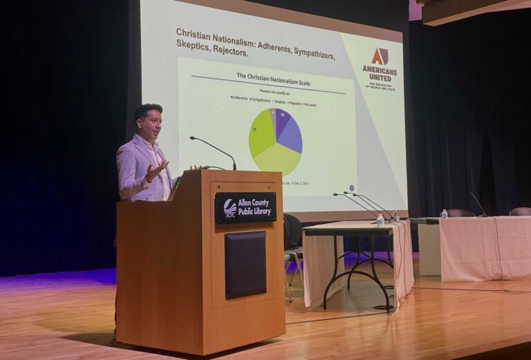Moises Serrano, of American United for the Separation of Church and State, shared data on Christian nationalism during the Larry Hayes First Amendment Forum in Fort Wayne on Sept. 13. (Photo/Greta Lapp Klassen for The Indiana Citizen)