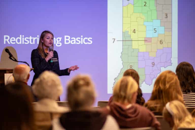 Laura Merrifield Wilson, associate professor of political science at the University of Indianapolis, explained the nuances of redistricting during a ReCenter Indiana listening session in Martinsville. (Photo/Kyra Howard)