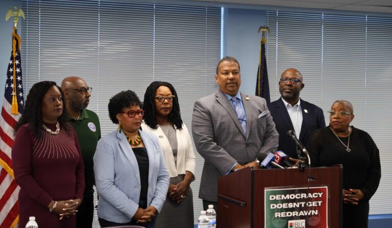 Rep. Earl Harris Jr. (center) and other members of the Indiana Black Legislative Caucus warned mid-decade redistricting would dilute minority votes. (Photo/Courtesy Indiana House Democratic Caucus)