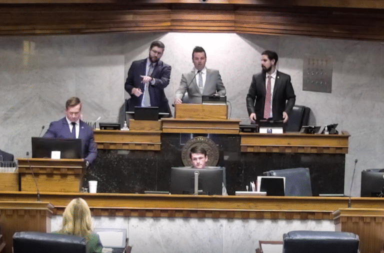 Lt. Gov. Micah Beckwith (top, center) presides over the Indiana Senate as part of his official duties. (Photo/Screenshot)