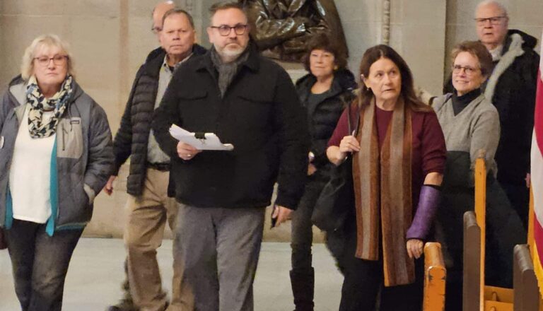 Members of First Friends Indianapolis and Shalom Zone delivered letters on Dec. 16 to Gov. Mike Braun’s office, asking for a halt to executions. (Photo/Marilyn Odendahl)