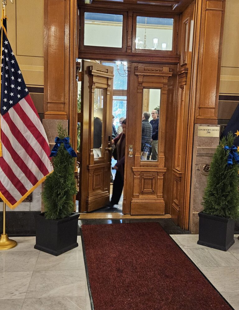 Indianapolis First Friends Quaker Meeting and Shalom Zone were able to secure a meeting with Gov. Mike Braun’s staff after they delivered the letters asking for a moratorium on executions. (Photo/Marilyn Odendahl)