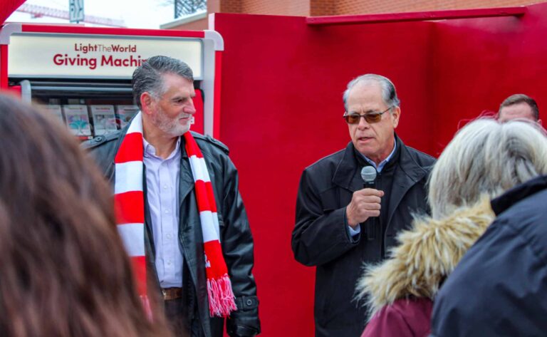 Gov. Mike Braun, along with Indiana Treasurer Daniel Elliott, applauded the growth of the Giving Machine program in the Hoosier State. (Photo/Sydney Byerly)