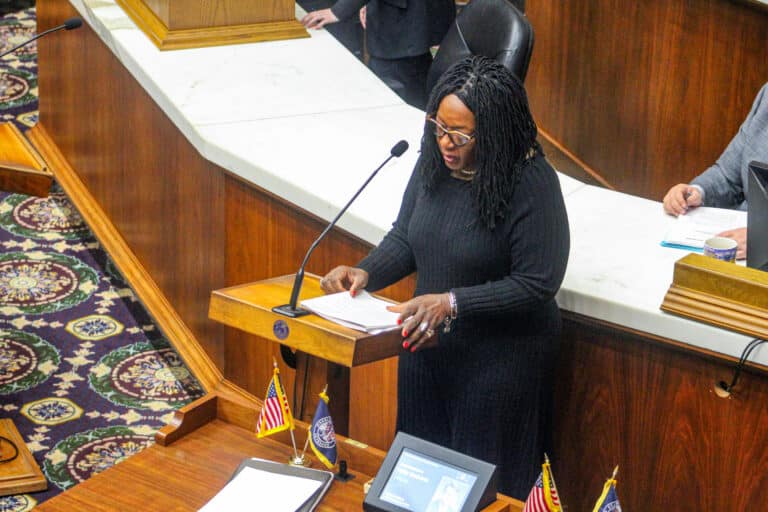 Rep. Carolyn Jackson, D-Hammond, unsuccessfully presented a proposal in the Indiana House Tuesday that would replace the redistricting language in HB 1032 with provisions addressing cost-of-living issues. (Photo/Sydney Byerly)