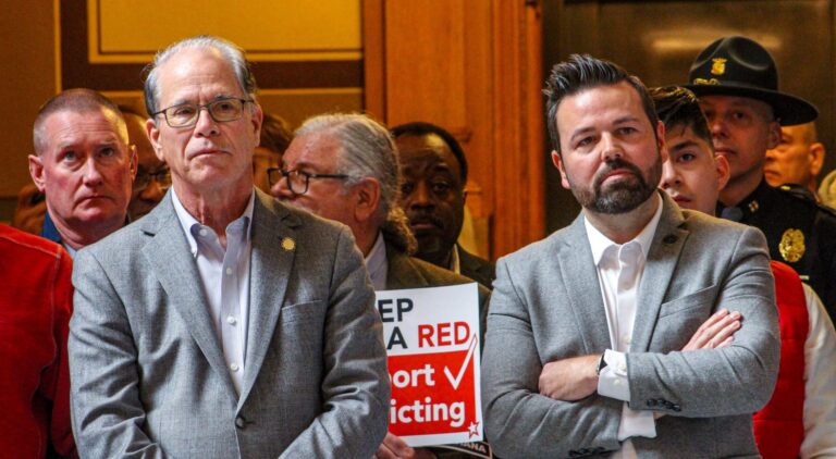 Gov. Mike Braun and Lt. Gov. Micah Beckwith both spoke during December’s Turning Point Action rally in support of redistricting. (Photo/Sydney Byerly)