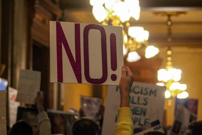 Opponents of redistricting crowded outside the Senate chamber as lawmakers heard public testimony on HB 1032. (Photo/Sydney Byerly)