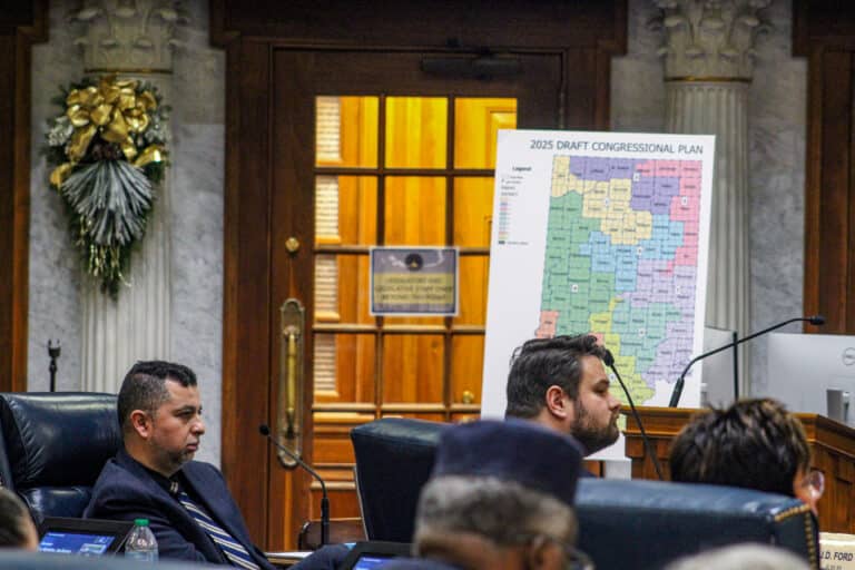 Democratic members of the Senate Elections Committee Fady Qaddoura and JD Ford, both of Indianapolis, offered amendments and raised questions about the redistricting bill during the Senate Elections Committee hearing on Monday. (Photo/Sydney Byerly)