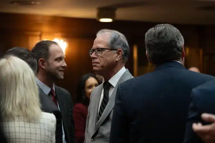 Gov. Mike Braun approached the rostrum in the Indiana House chamber to deliver his State of the State address to lawmakers and guests. (Photo/Connor Burress of TheStatehouseFile.com)