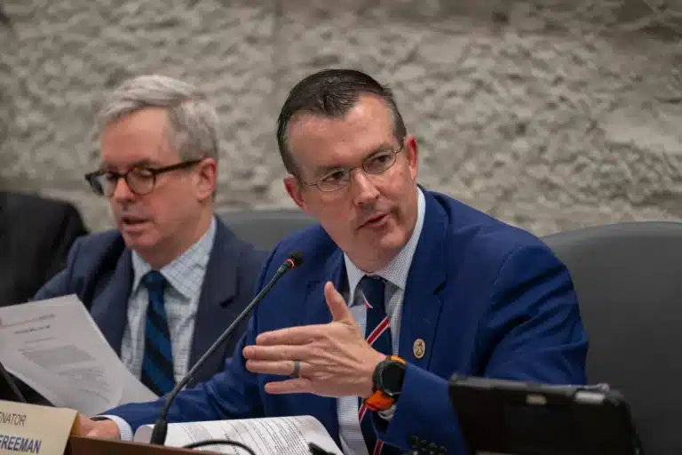 Indiana Sen. Aaron Freeman, R-Indianapolis, along with Republican colleagues Sens. Vaneta Becker of Evansville and Sue Glick of LaGrange, co-authored the doxxing legislation. (Photo/Connor Burress of TheStatehouseFile.com)