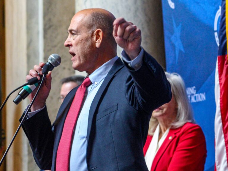 Sen. Gary Byrne, R-Byrneville, spoke at the Turning Point Action rally during the December redistricting fight in the legislature. (Photo/Sydney Byerly)