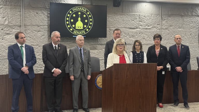 Sen. Liz Brown, R-Ft. Wayne, spoke at a press conference on the immigration enforcement legislation Senate Bill 76 at the Indiana Statehouse on Feb. 19, 2026. (Photo/Samantha Horton of WFYI)