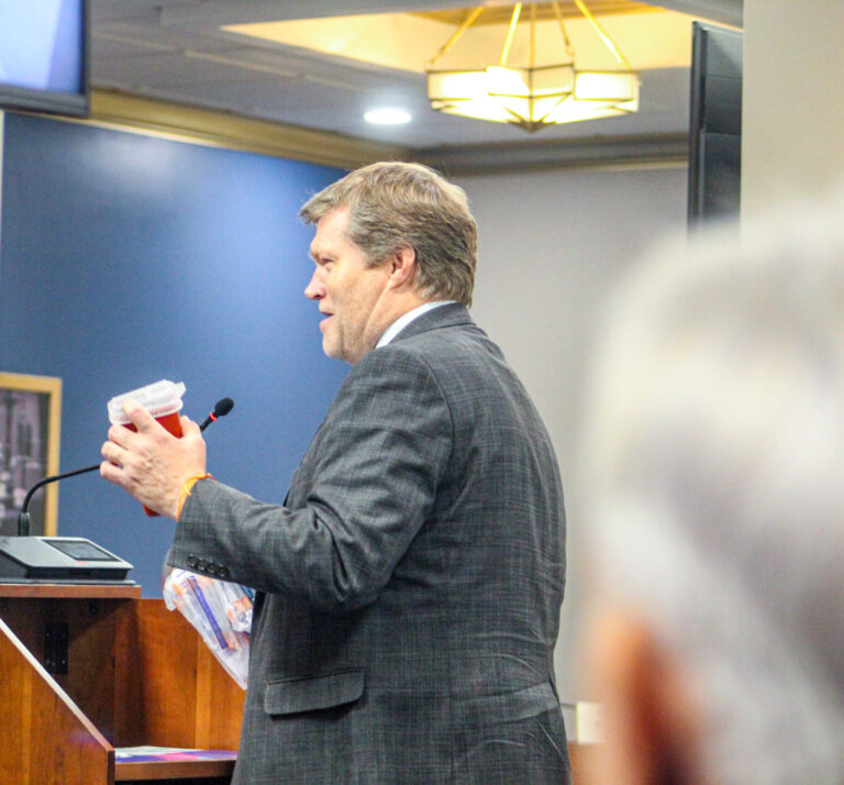 Alan Witchey, president of the Damien Center, testified before the House Public Health Committee on Senate Bill 91, arguing syringe service programs reduce needle-stick injuries and remove used syringes from communities. (Photo/Sydney Byerly)