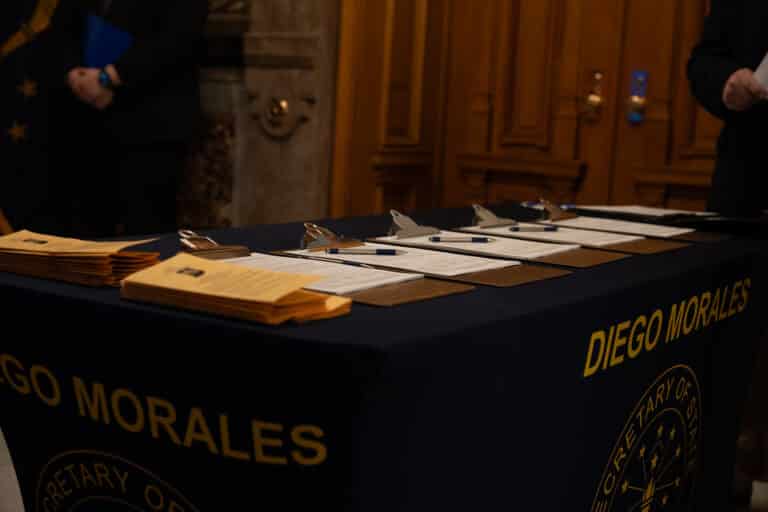 Candidate filing forms were displayed outside  Indiana Secretary of State Diego Morales’ office on Jan. 7, 2026. (Photo/Connor Burress  of TheStatehouseFile.com)