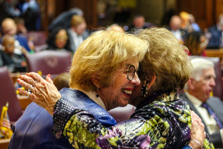 As she was honored by her legislative colleagues this week, Rep. Sue Errington, who is retiring from the Indiana House in November, received a hug from her friend, Rep. Sheila Klinker, D-Lafayette. (Photo/Sydney Byerly)