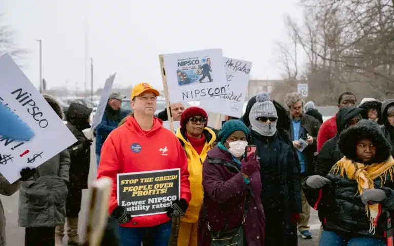 Demonstrators gather outside NIPSCO’s Merrillville headquarters on Feb. 5 to protest soaring utility bills. (Photo/Javonte Anderson of Capital B)
