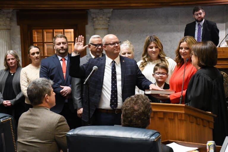 Sen. Nick McKinley, R-Marion, is sworn in by Indiana Chief Justice Loretta Rush on Feb. 9, 2026. (Photo/Courtesy of Indiana Senate Republican Caucus)