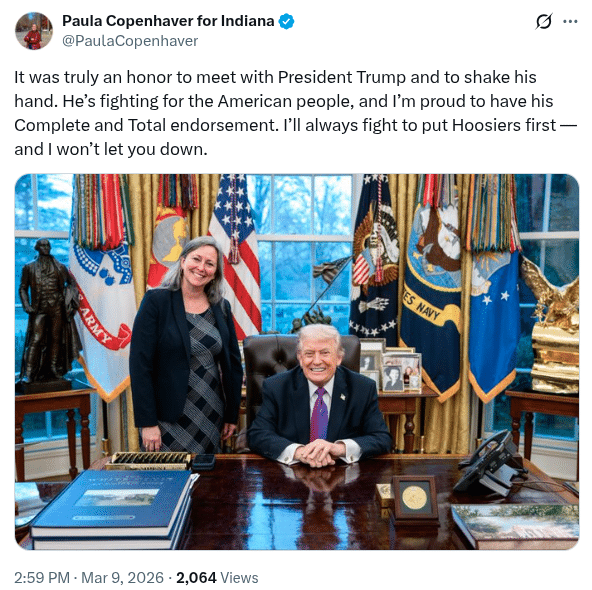 Paula Copenhaver for Indiana @PaulaCopenhaver It was truly an honor to meet with President Trump and to shake his hand. He’s fighting for the American people, and I’m proud to have his Complete and Total endorsement. I’ll always fight to put Hoosiers first — and I won’t let you down.