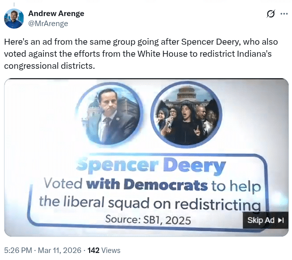 Andrew Arenge@MrArenge Here's an ad from the same group going after Spencer Deery, who also voted against the efforts from the White House to redistrict Indiana's congressional districts.