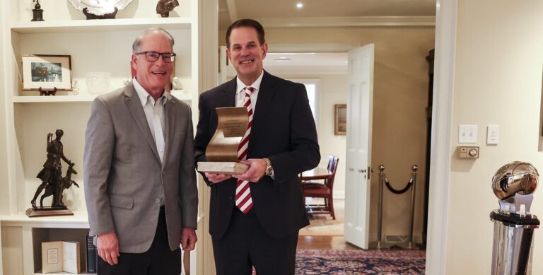 Indiana Hoosiers Head Coach Curt Cignetti and Gov. Mike Braun at the Sachem Award Presentation at Bryan House in Bloomington. (Photo/Rachel Gillam for Indiana Athletics)
