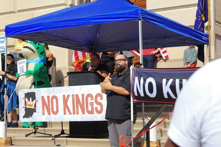 Danielle Cooney spoke to the crowd during the No Kings 2.0 protest in October 2025 at the Indiana Statehouse. (Photo/Olivia O’Neal of TheStatehouseFile.com)