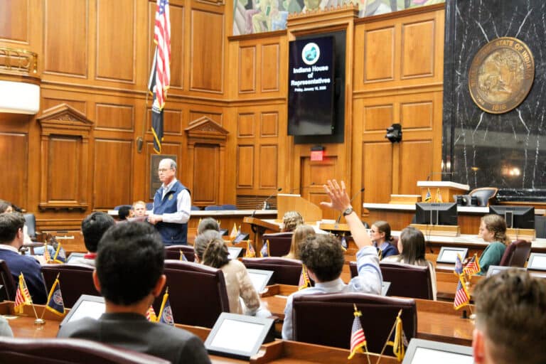 Gov. Mike Braun speaks with legislative interns in the Indiana House on Jan. 16, 2026. (Photo/Gov. Mike Braun’s Flickr)