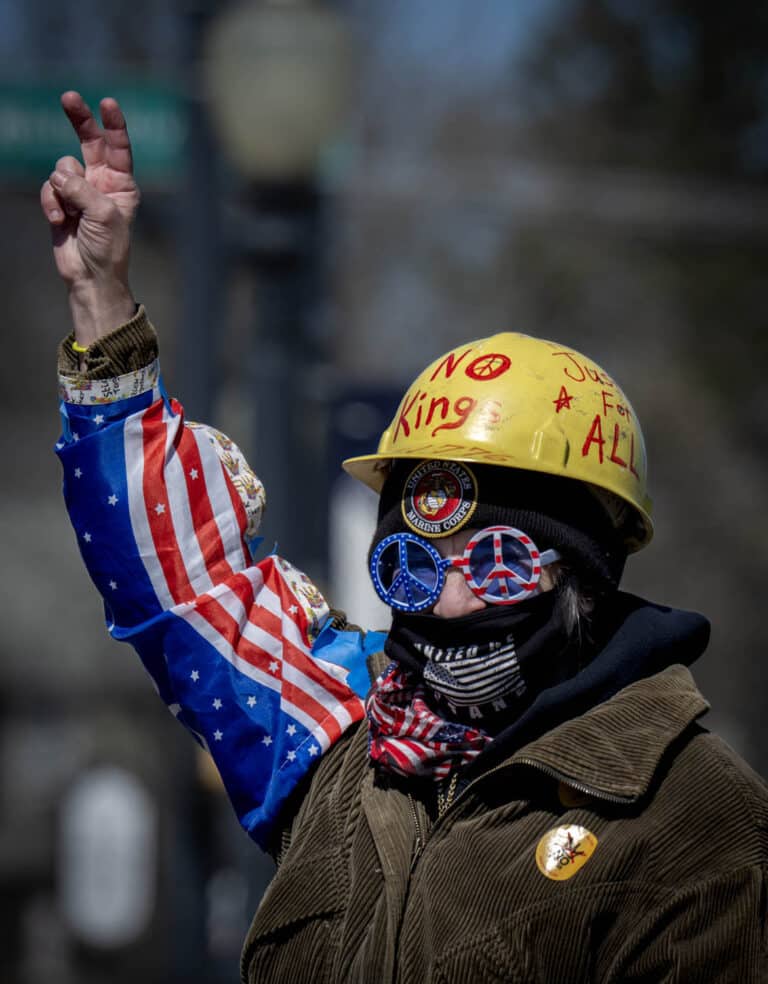 Deb Spurlock Dalton was among the demonstrators at the No Kings 3 protest in Muncie on Saturday. Hosted by Muncie Resists, this was one of more than 60 No Kings protests held across Indiana. (Photo/Ryan J. Sparrow, special to TheStatehouseFile.com)