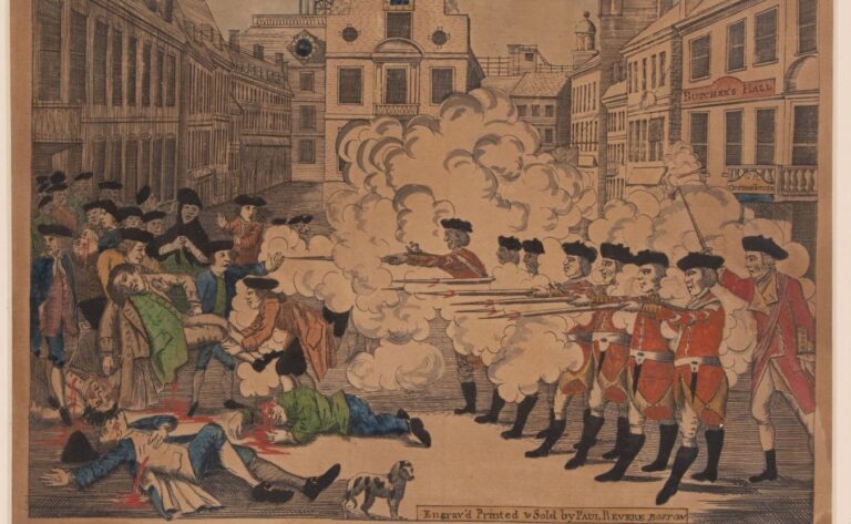“The Bloody Massacre,” engraved by Paul Revere, depicts the March 5, 1770, Boston Massacre, in which British soldiers fired into a crowd of civilians who had been pelting them with rocks and snowballs, shooting dead five men: Samuel Gray, Samuel Maverick, James Caldwell, Crispus Attucks (here depicted as a white man, though Attucks was a 20-years escaped slave), and Patrick Carr. (Courtesy of the Lilly Library)